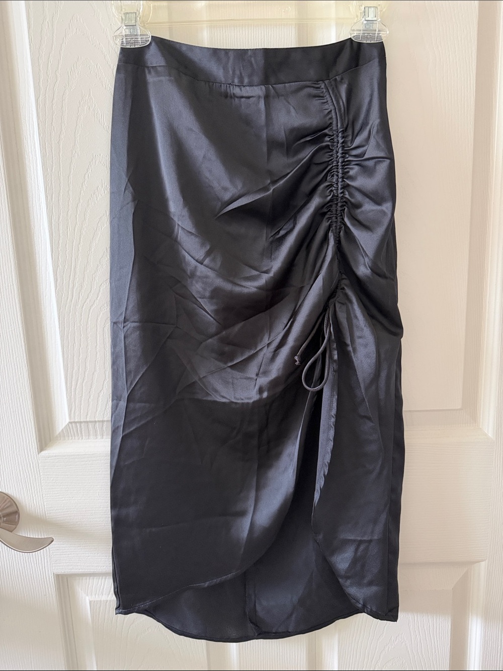 Japna Black Satin Ruched Midi Skirt